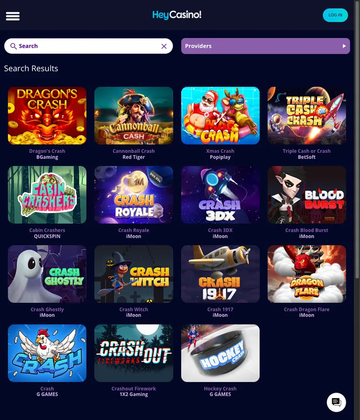 Screenshot van crashspellen beschikbaar bij HeyCasino